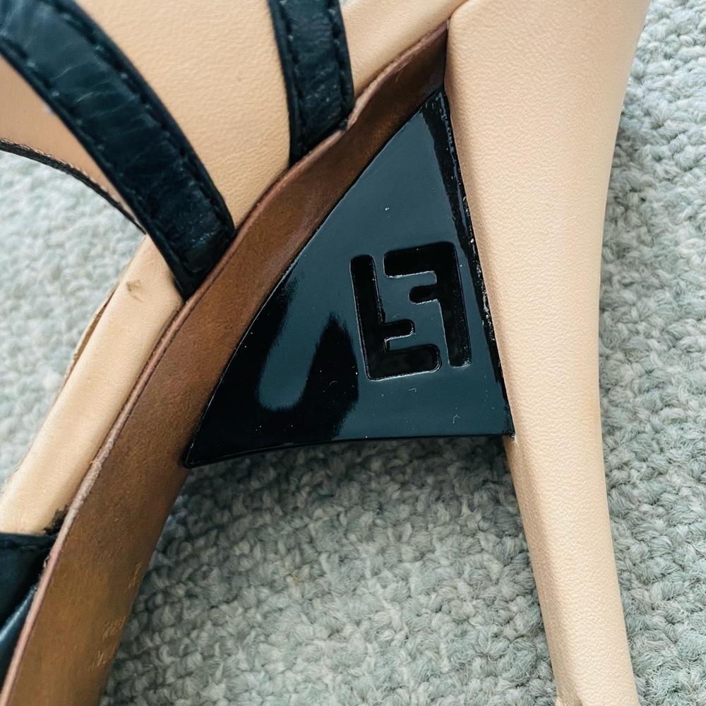 FENDI Black / Cream Leather Heels With Cut - Out FENDI Logo Detail & Dust Bag - Picture 8 of 13